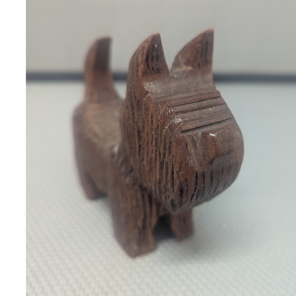 Vintage Hand Carved Wood Scottish Terrier Figurine Miniature Scottie Dog Brown